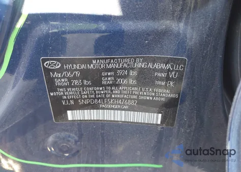 2019 Hyundai Elantra Sel из США, поврежденный, VIN 5NPD84LF5KH476882